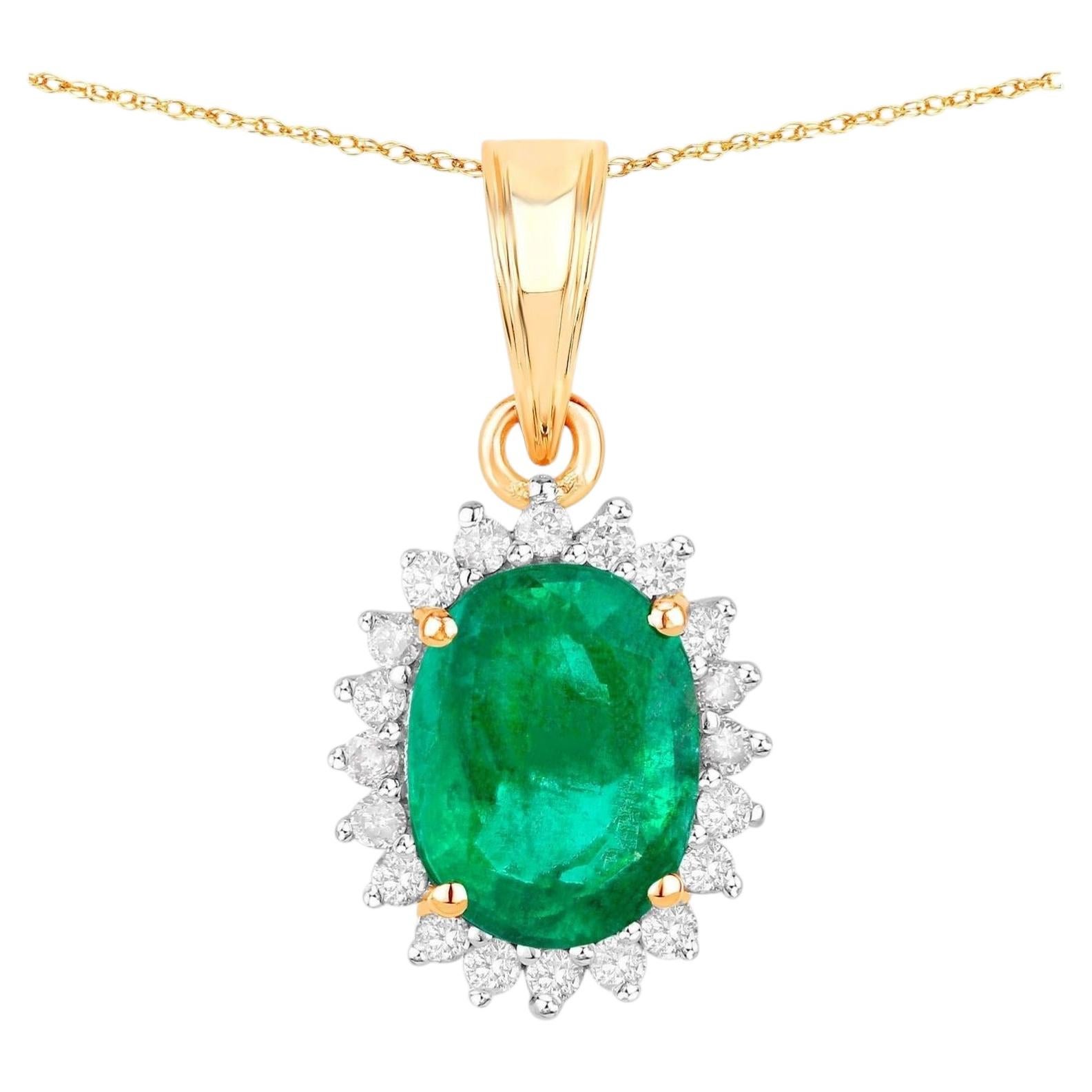 Zambian Emerald Pendant Necklace Diamonds 1.35 Carats 10K Yellow Gold