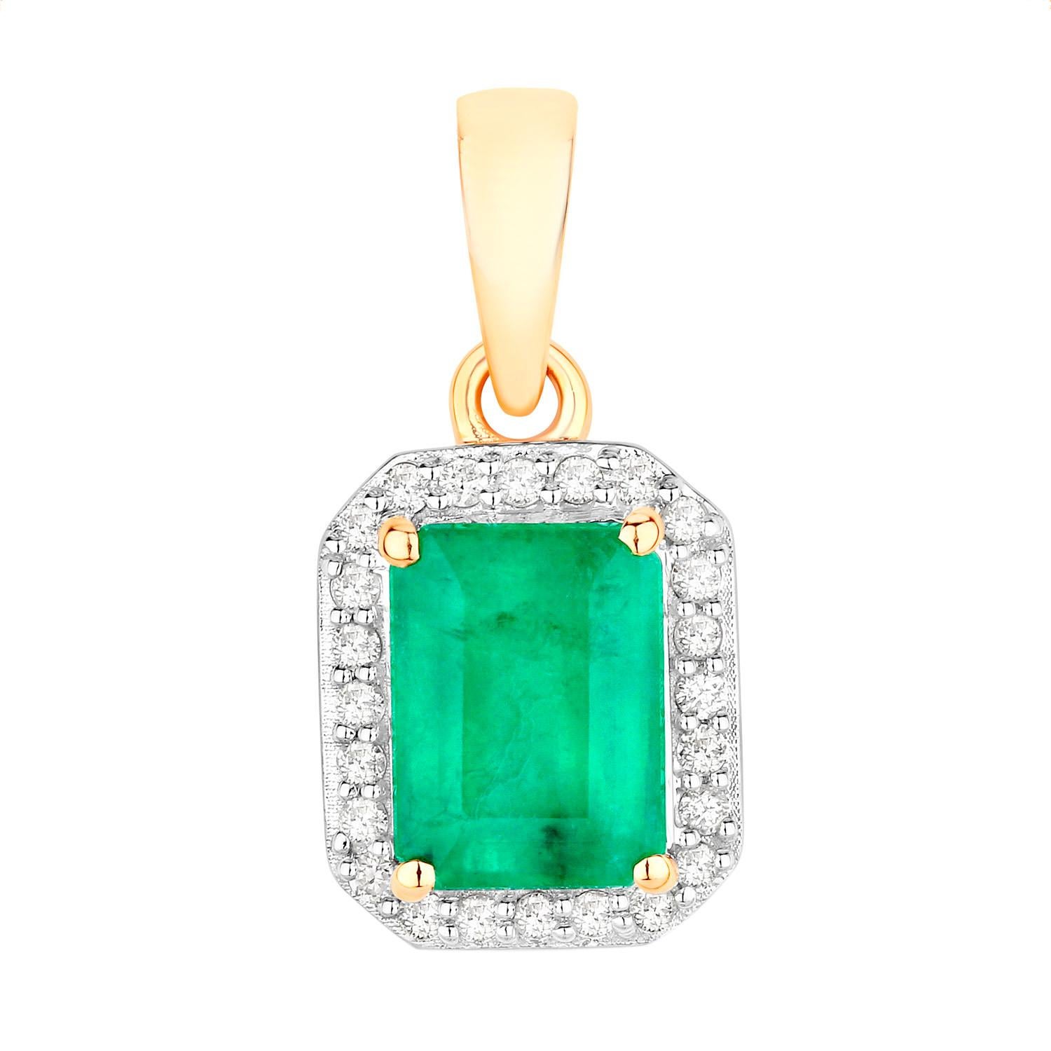 Zambian Emerald Pendant Necklace Diamonds 1.79 Carats 14K Yellow Gold In Excellent Condition For Sale In Aliso Viejo, CA