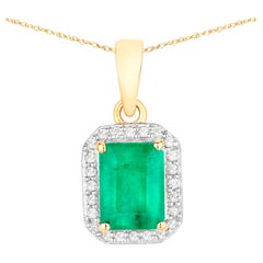 Zambian Emerald Pendant Necklace Diamonds 1.79 Carats 14K Yellow Gold