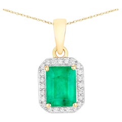 Zambian Emerald Pendant Necklace Diamonds 1.79 Carats 14K Yellow Gold