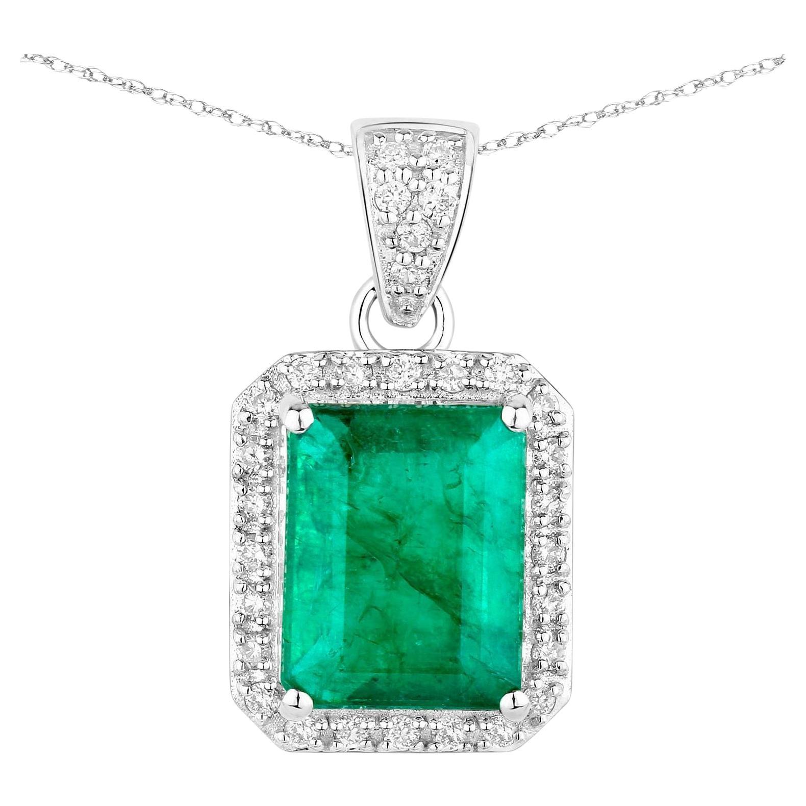 Zambian Emerald Pendant Necklace Diamonds 3.15 Carats 14K White Gold