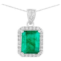 Zambian Emerald Pendant Necklace Diamonds 3.15 Carats 14K White Gold