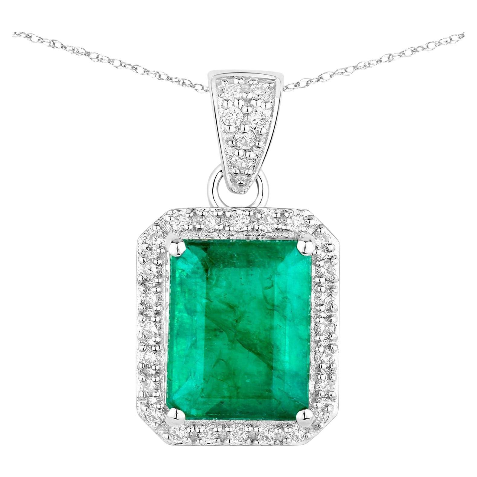 Collier pendentif émeraude de Zambie diamants 3,15 carats or blanc 14 carats