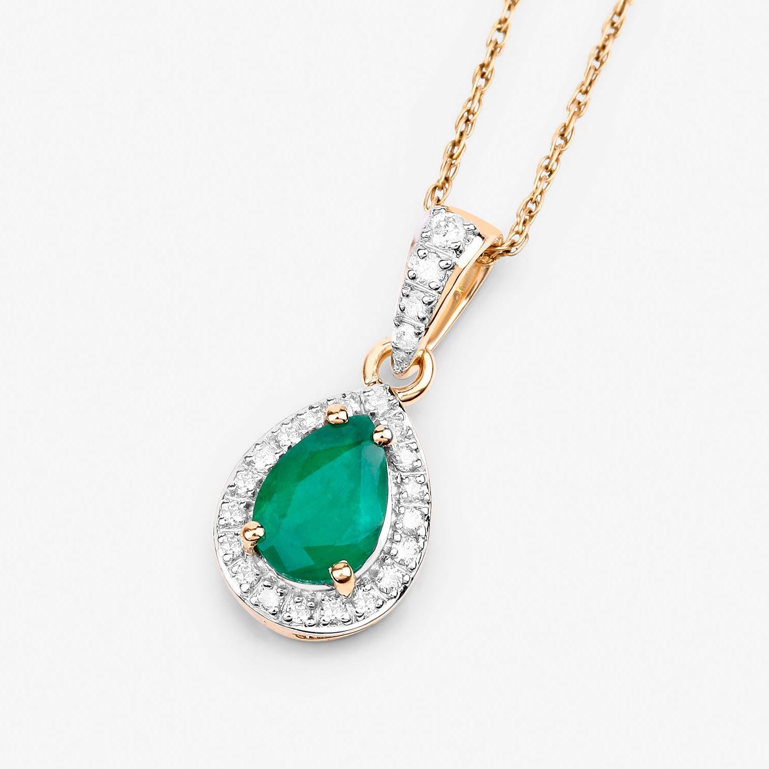 Pear Cut Zambian Emerald Pendant Necklace With Diamonds 0.77 Carats 14K Yellow Gold For Sale