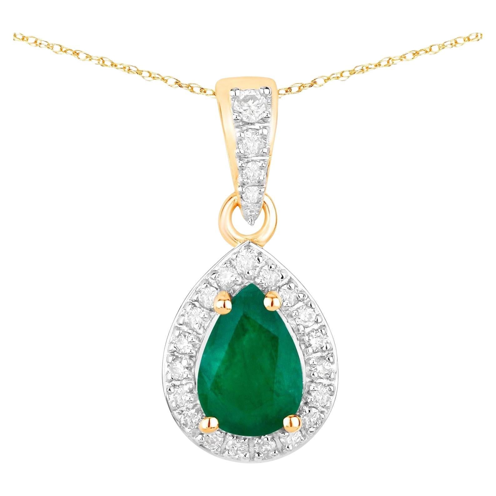 Zambian Emerald Pendant Necklace With Diamonds 0.77 Carats 14K Yellow Gold For Sale