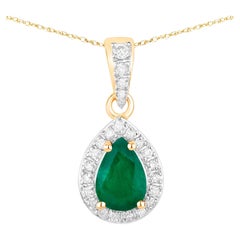 Zambian Emerald Pendant Necklace With Diamonds 0.77 Carats 14K Yellow Gold