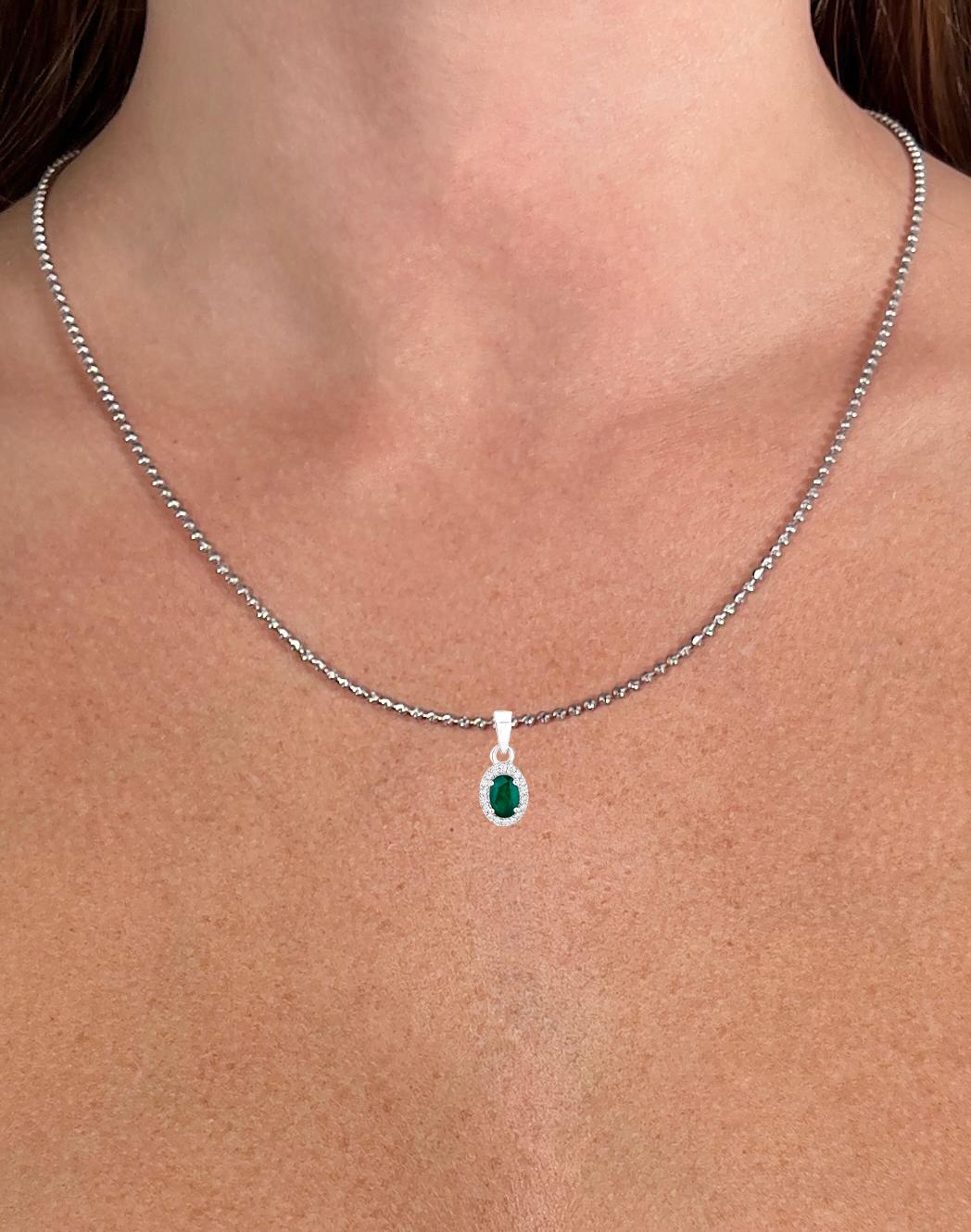 Contemporary Zambian Emerald Pendant Necklace With Diamonds 0.81 Carats 14K White Gold For Sale