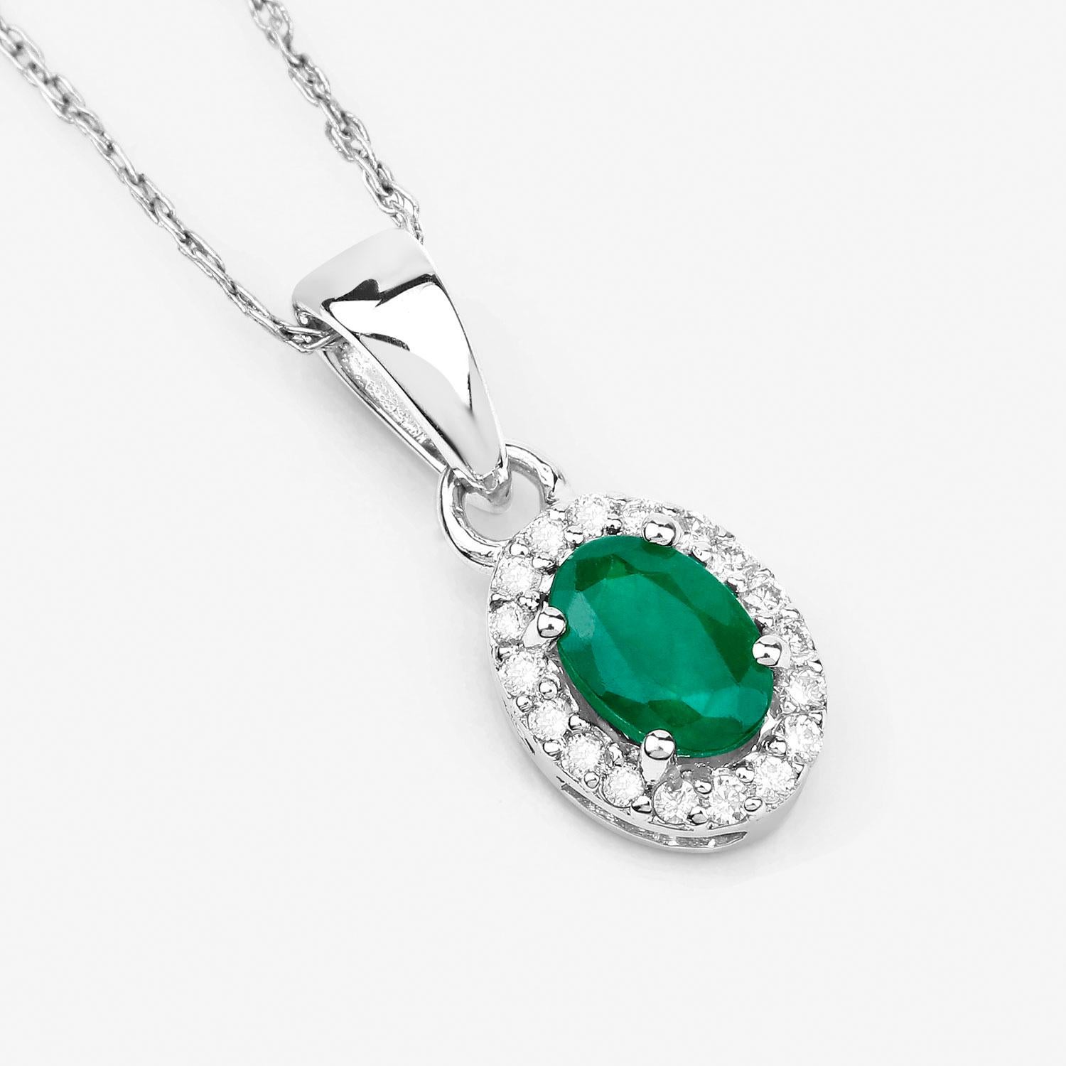 Oval Cut Zambian Emerald Pendant Necklace With Diamonds 0.81 Carats 14K White Gold For Sale