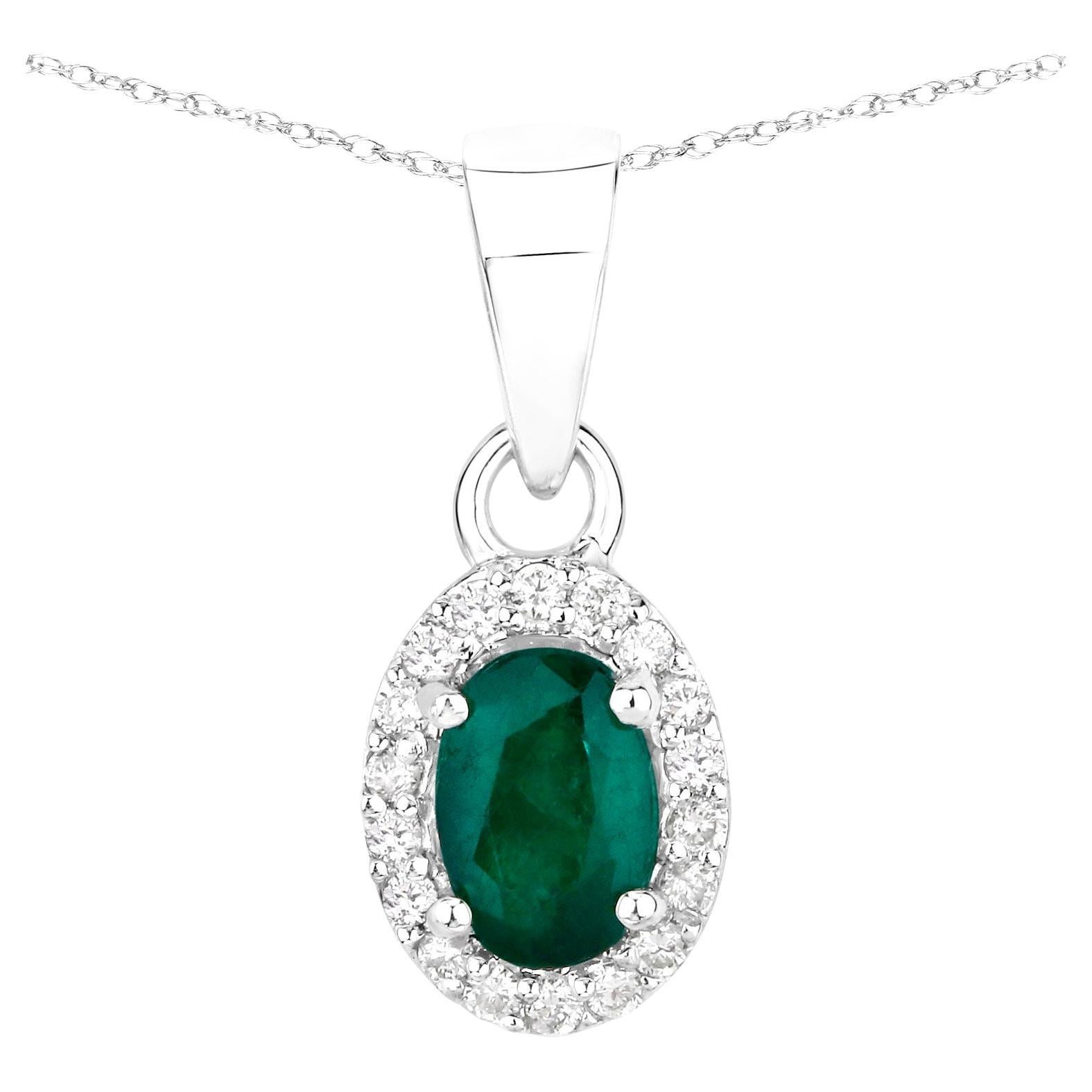 Zambian Emerald Pendant Necklace With Diamonds 0.81 Carats 14K White Gold For Sale