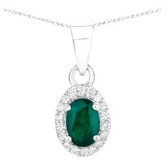 Zambian Emerald Pendant Necklace With Diamonds 0.81 Carats 14K White Gold