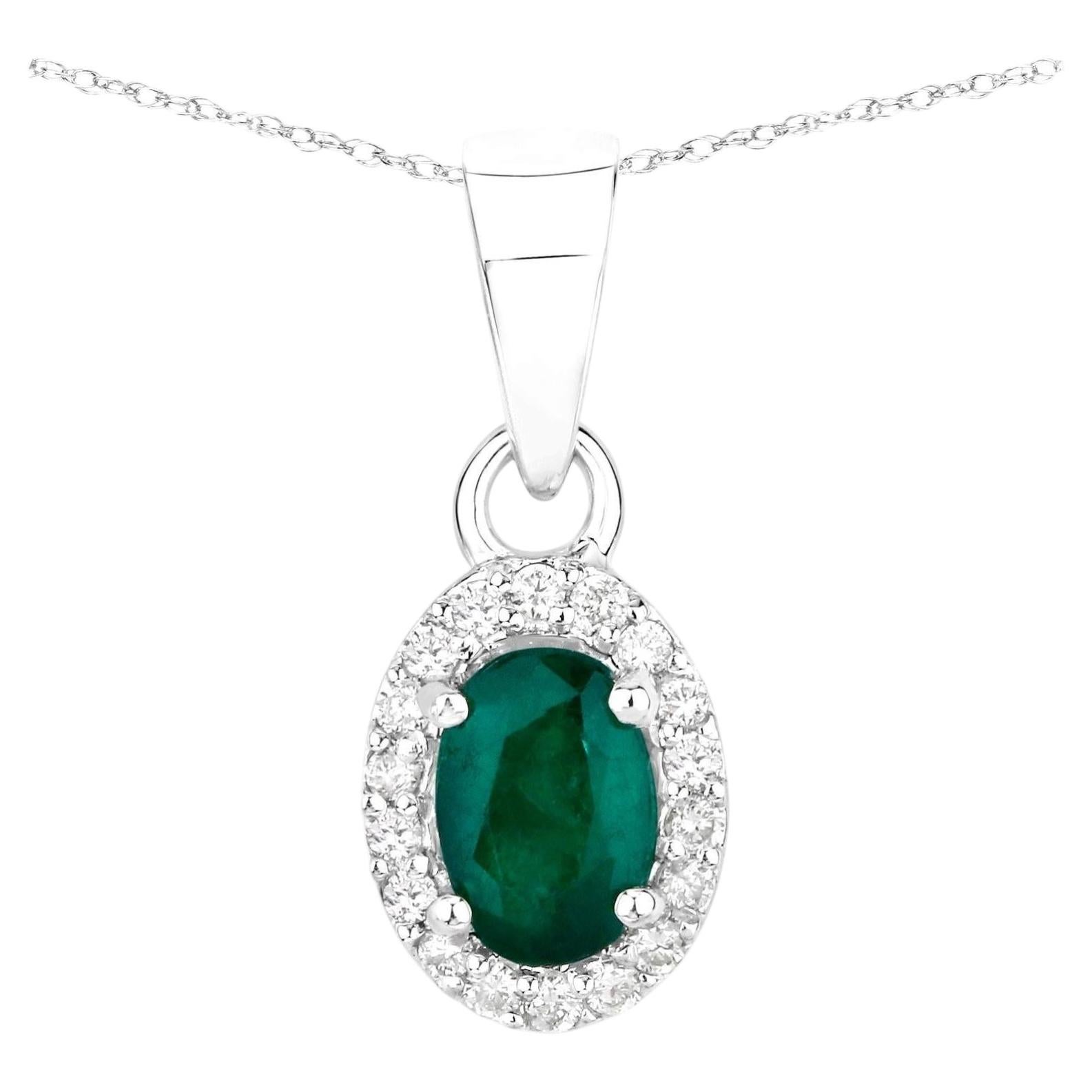 Collier pendentif émeraude de Zambie avec diamants 0,81 carat en or blanc 14 carats