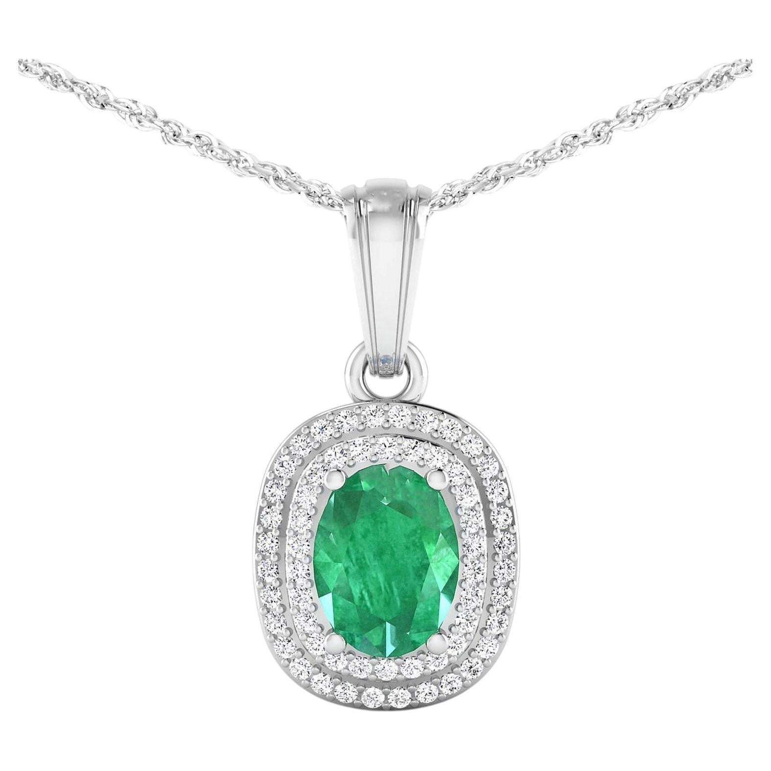 Pendentif en émeraude de Zambie serti de diamants, 1,46 carats, or blanc 14 carats