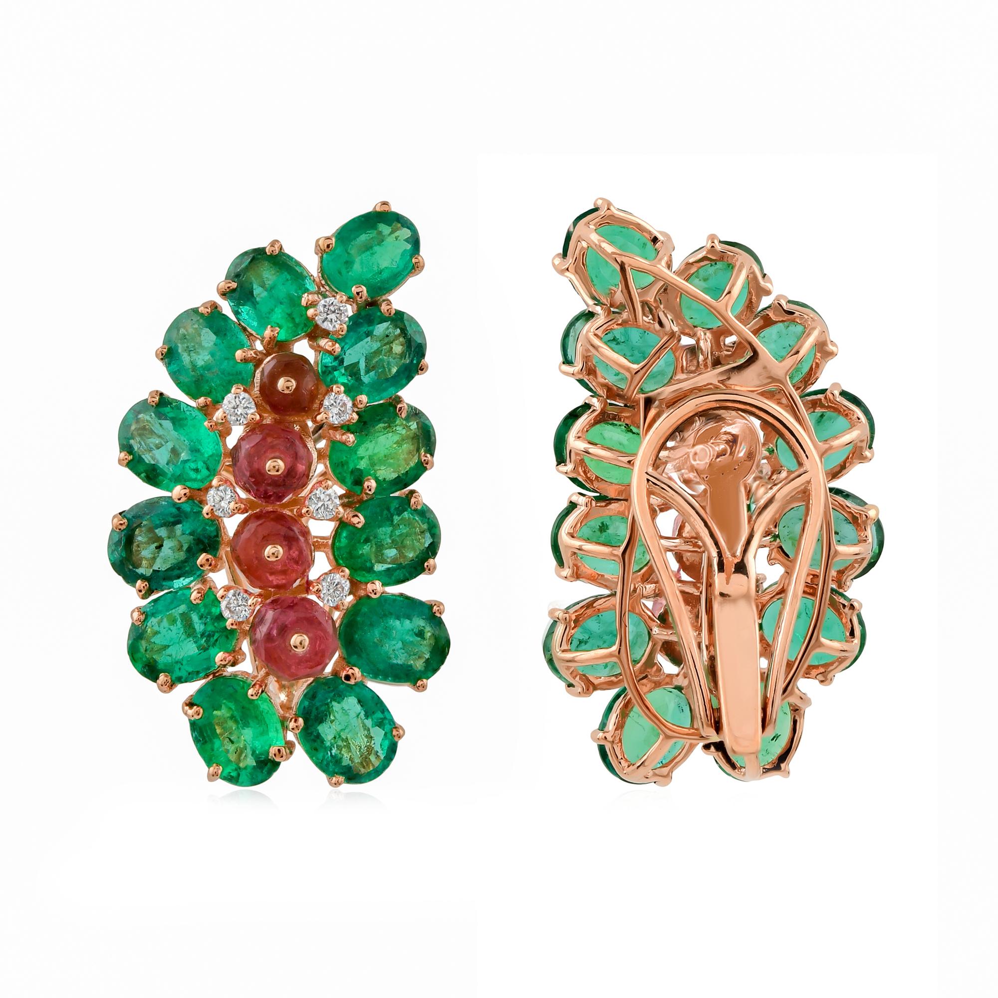 Zambian Emerald Pink Tourmaline Cluster Paisley Clip On Earrings 18k Rose Gold For Sale 4
