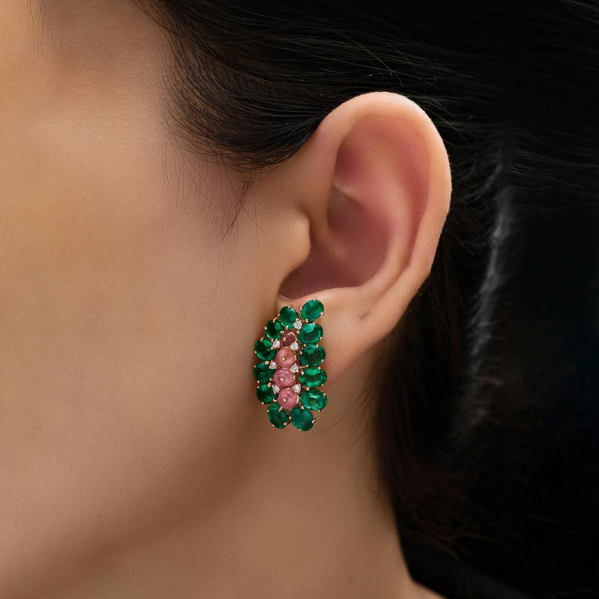 Zambian Emerald Pink Tourmaline Cluster Paisley Clip On Earrings 18k Rose Gold Featuring vibrant oval-cut green emeralds and radiant pink tourmalines, these earrings are artfully arranged in a cluster paisley shape design, accented with shimmering