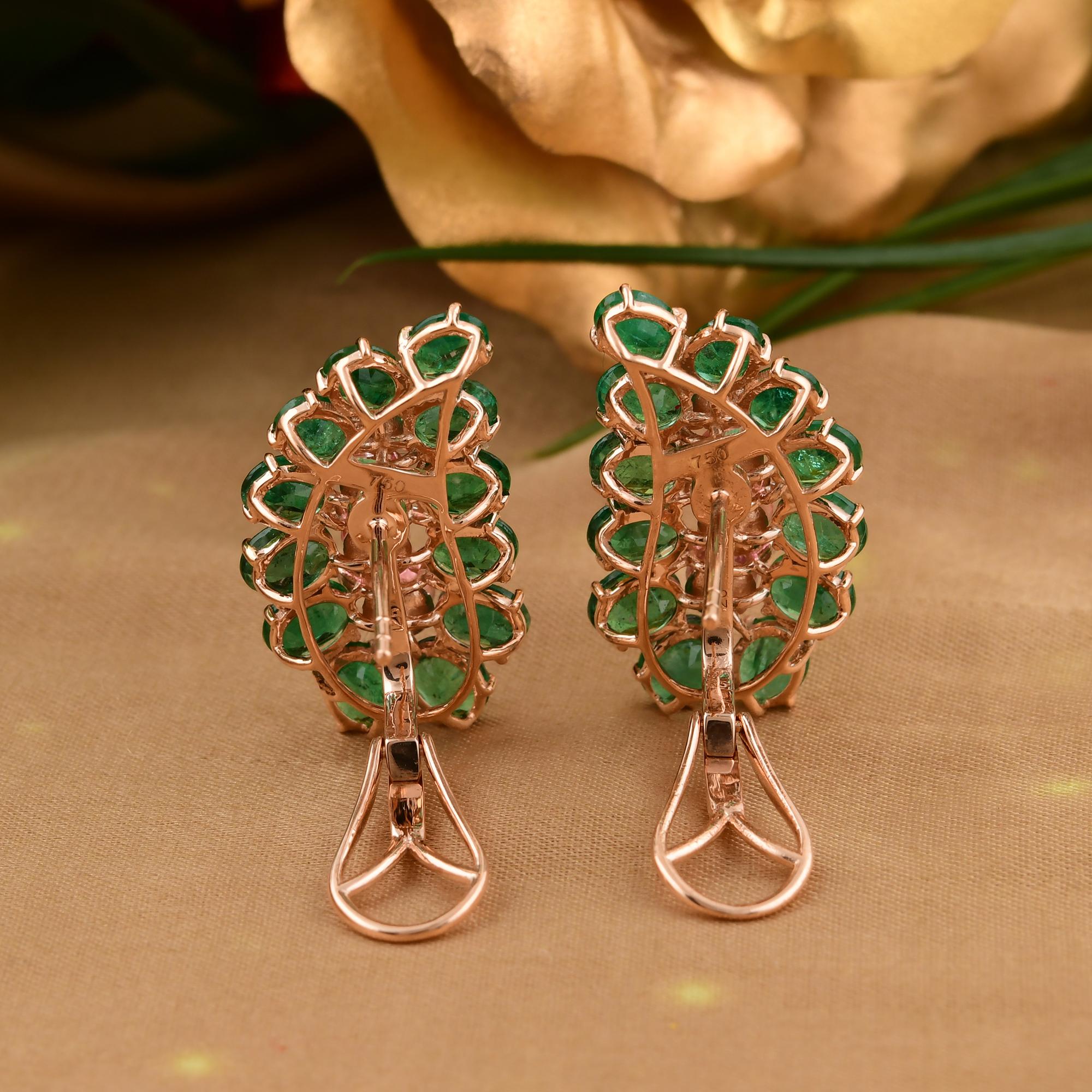 Art Deco Zambian Emerald Pink Tourmaline Cluster Paisley Clip On Earrings 18k Rose Gold For Sale