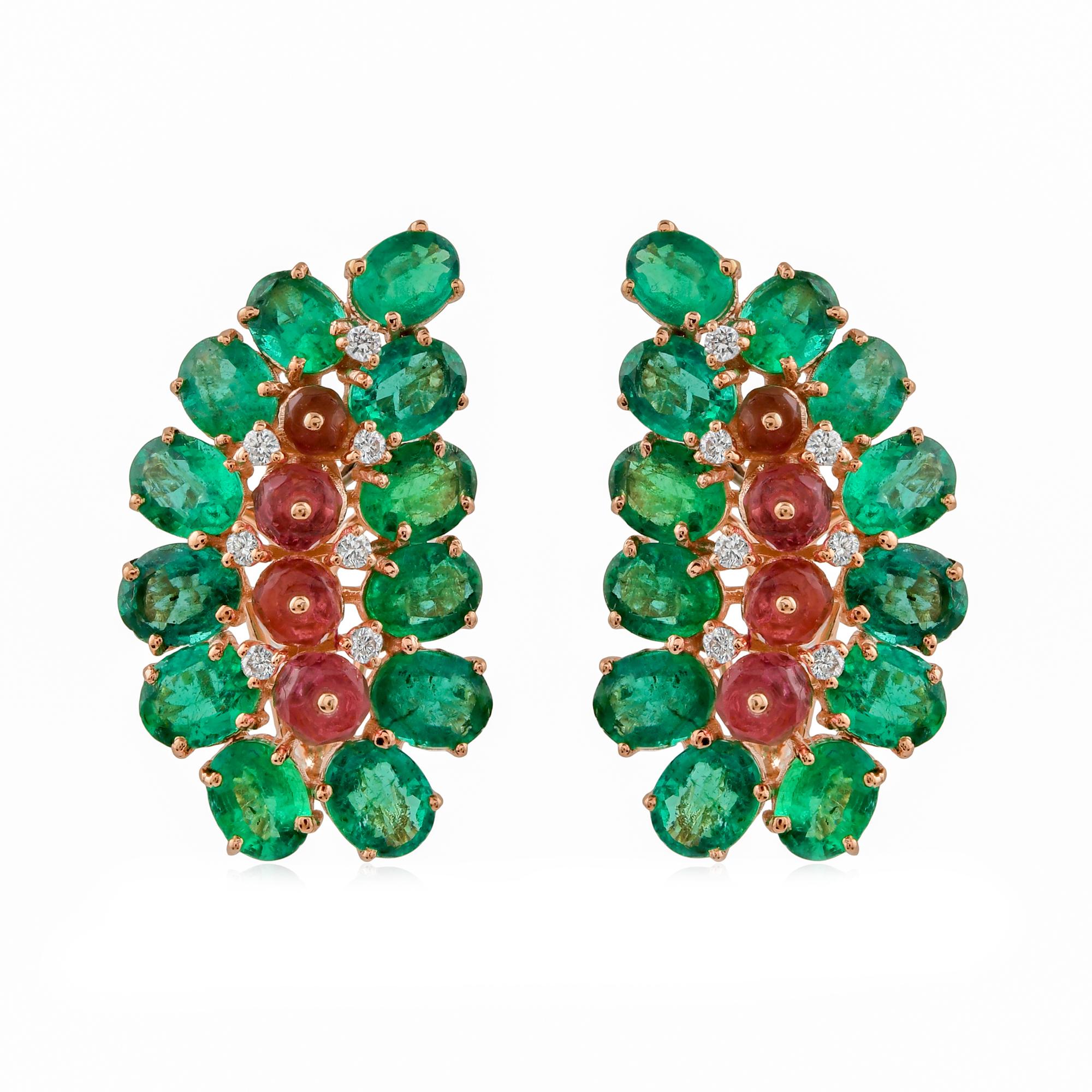 Zambian Emerald Pink Tourmaline Cluster Paisley Clip On Earrings 18k Rose Gold In New Condition For Sale In Diera, Dubai