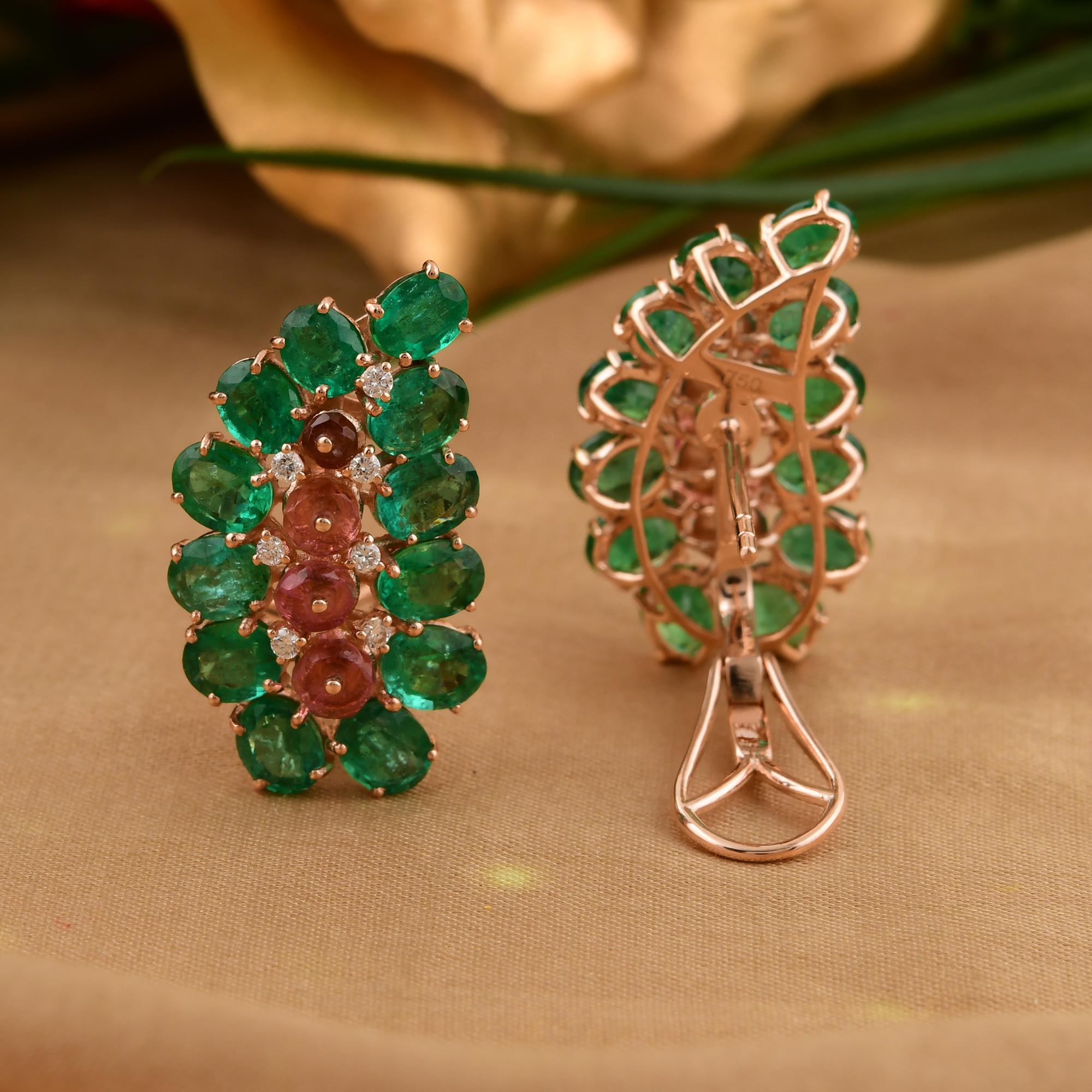 Women's Zambian Emerald Pink Tourmaline Cluster Paisley Clip On Earrings 18k Rose Gold For Sale