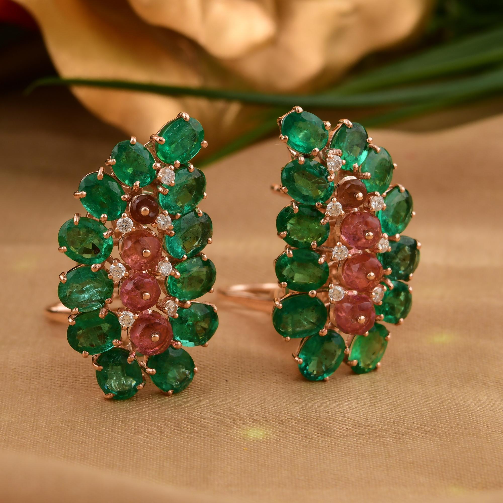 Zambian Emerald Pink Tourmaline Cluster Paisley Clip On Earrings 18k Rose Gold For Sale 1