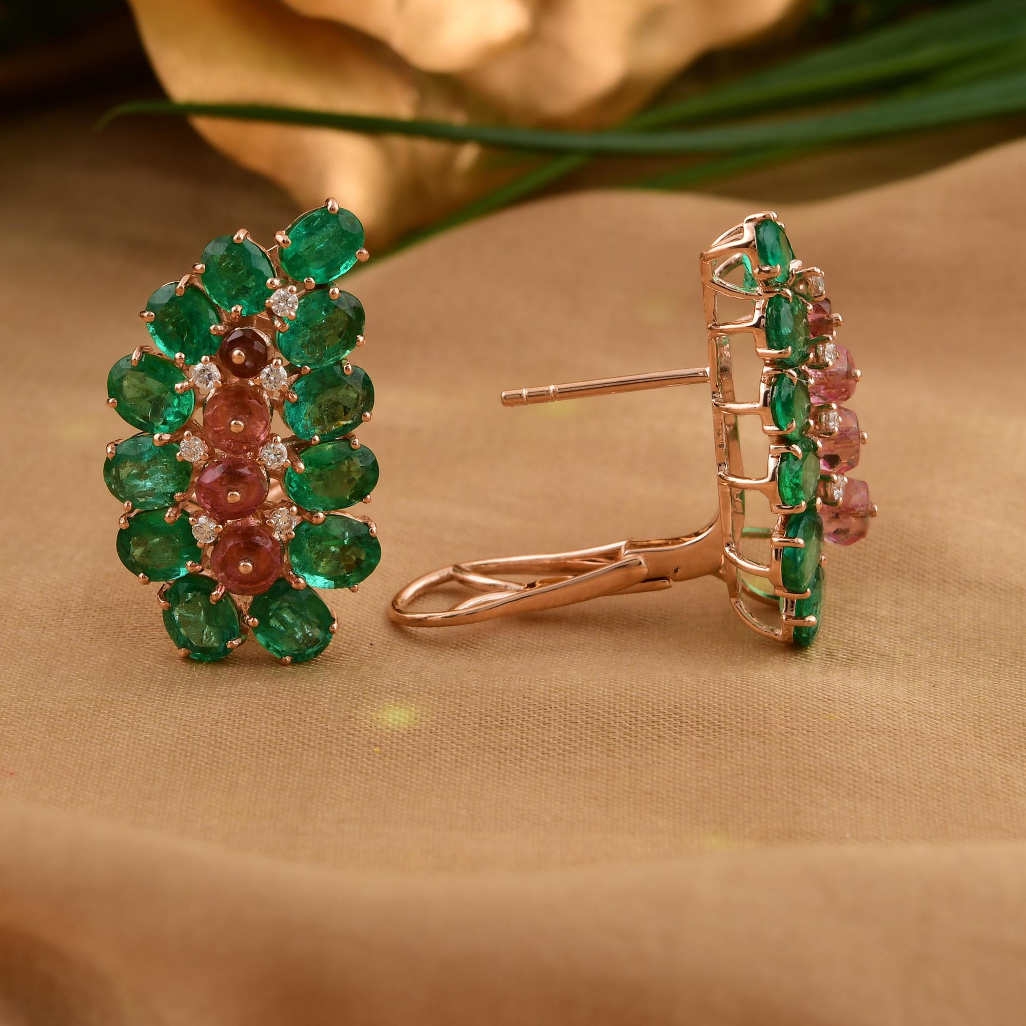 Zambian Emerald Pink Tourmaline Cluster Paisley Clip On Earrings 18k Rose Gold For Sale 2