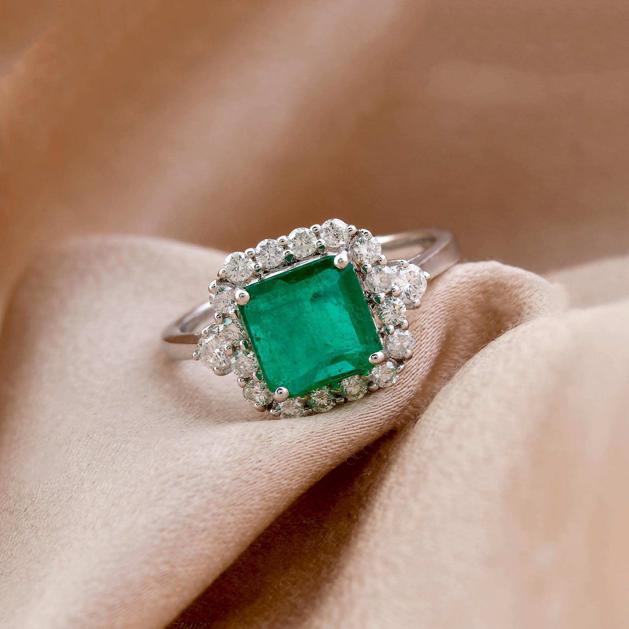 Octagon Cut Zambian Emerald Ring SI Clarity HI Color Diamond 14 Karat White Gold Jewelry For Sale