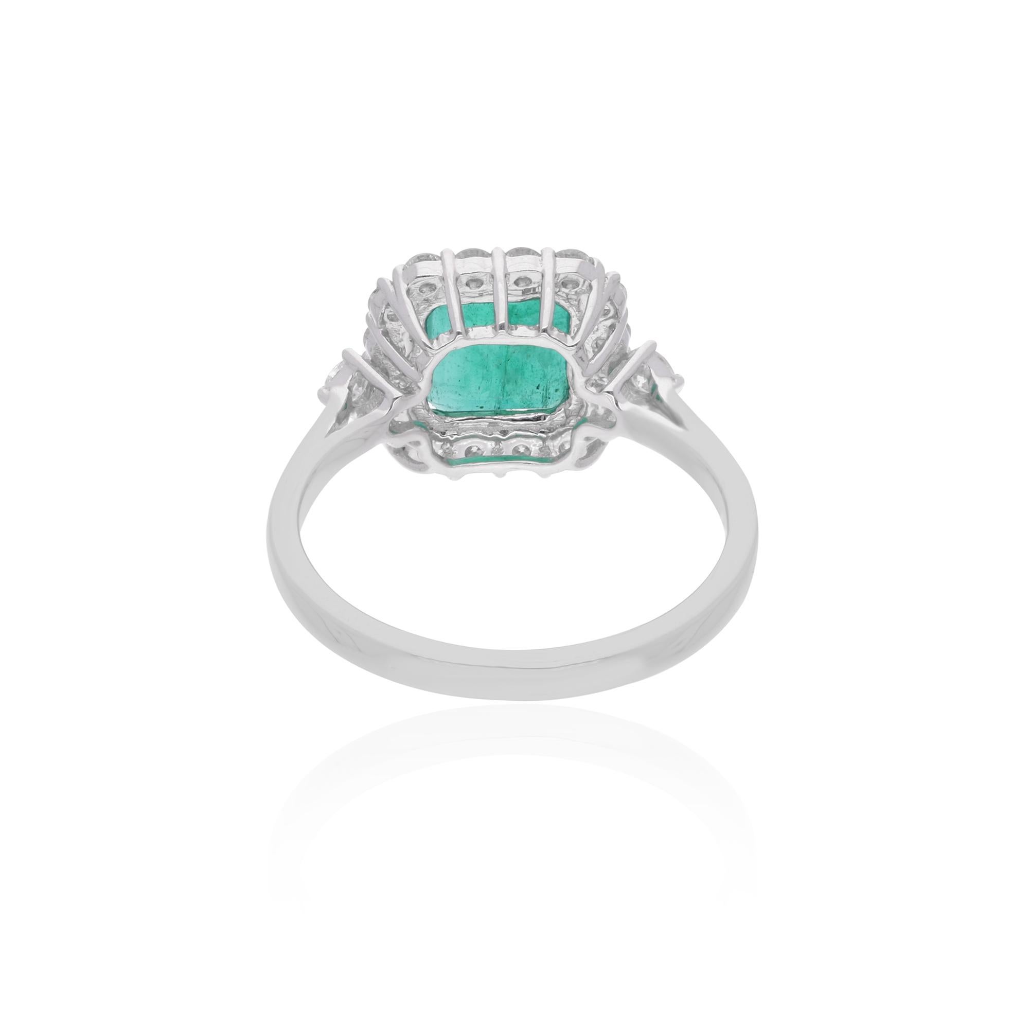 Modern Natural Zambian Emerald Ring SI Clarity HI Color Diamond 18 Karat White Gold For Sale