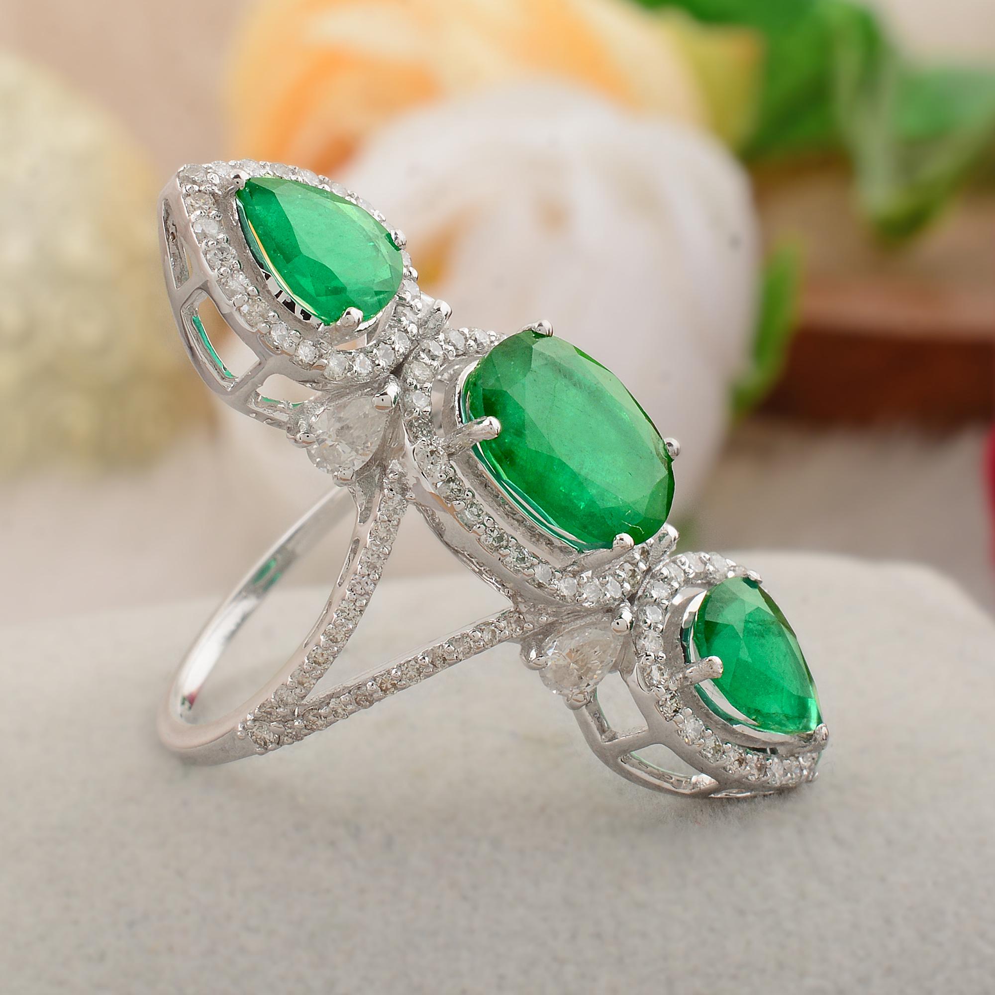For Sale:  Natural Emerald Ring SI Clarity HI Color Diamond Pave 18k White Gold Jewelry 4