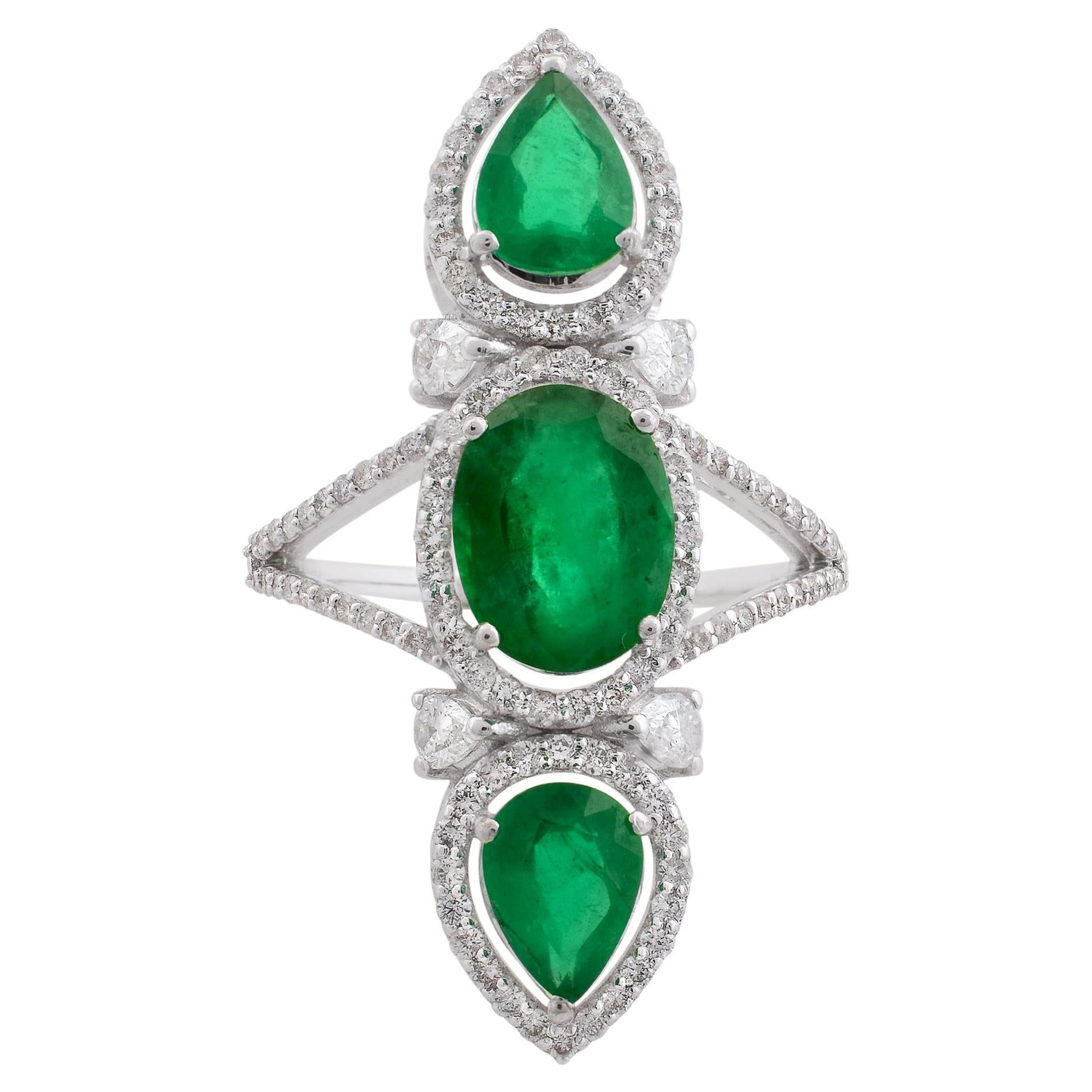 Natural Emerald Ring SI Clarity HI Color Diamond Pave 18k White Gold Jewelry