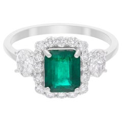 Zambian Emerald Ring SI/H Oval Round Brilliant Cut Diamond 18 Karat White Gold