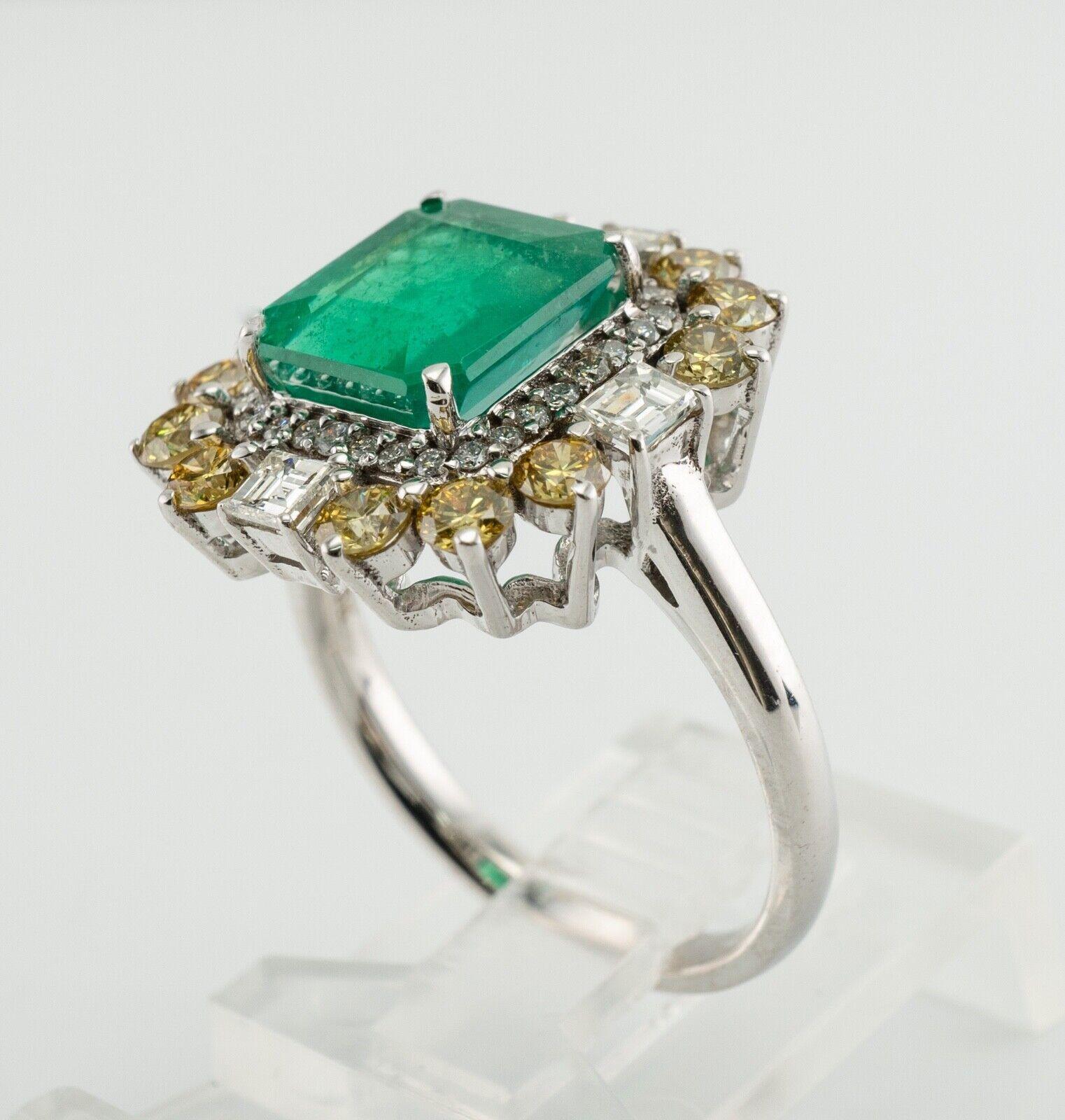 Zambian Emerald Ring White & Canary Diamonds Vintage 18K White Gold For Sale 7
