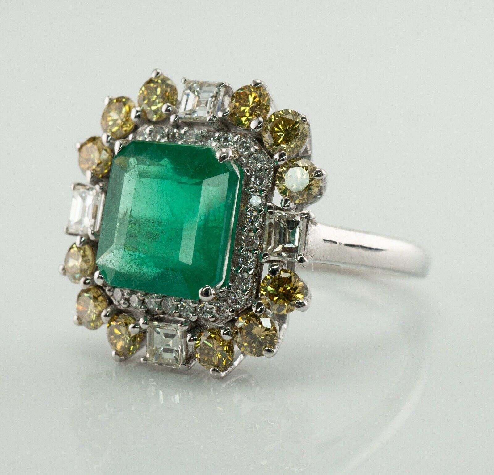 Square Cut Zambian Emerald Ring White & Canary Diamonds Vintage 18K White Gold For Sale
