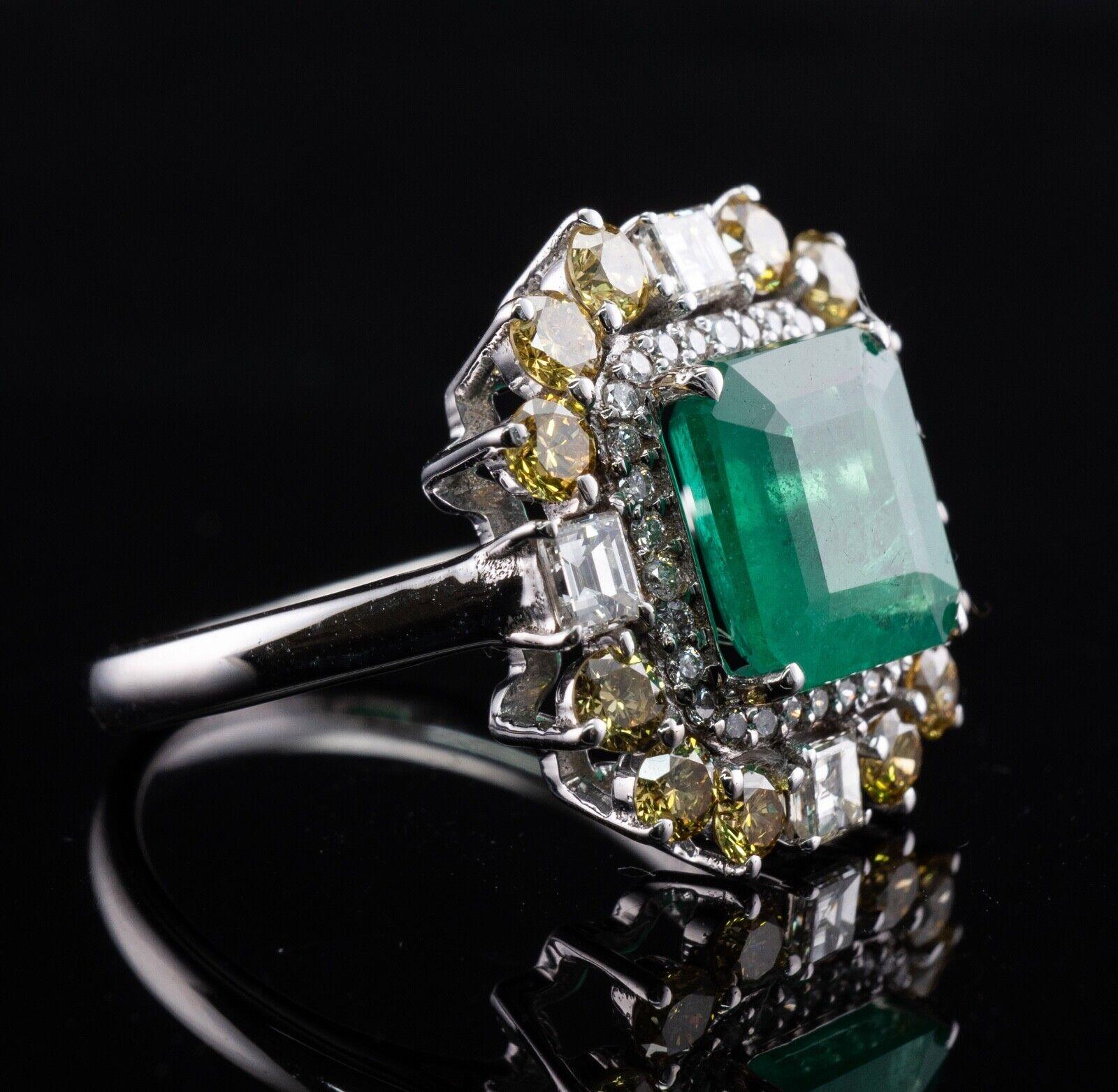 Women's Zambian Emerald Ring White & Canary Diamonds Vintage 18K White Gold For Sale