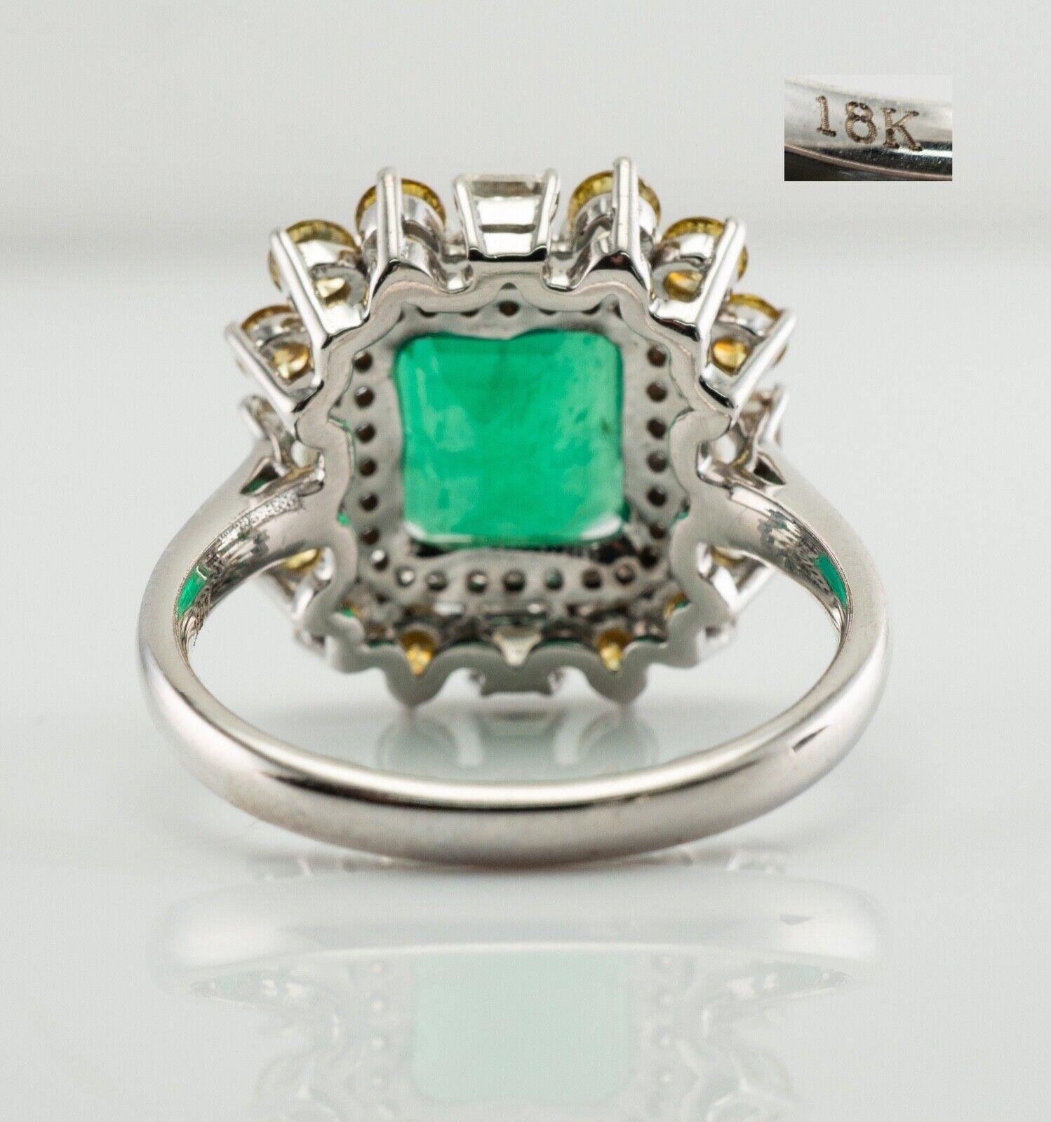 Zambian Emerald Ring White & Canary Diamonds Vintage 18K White Gold For Sale 1