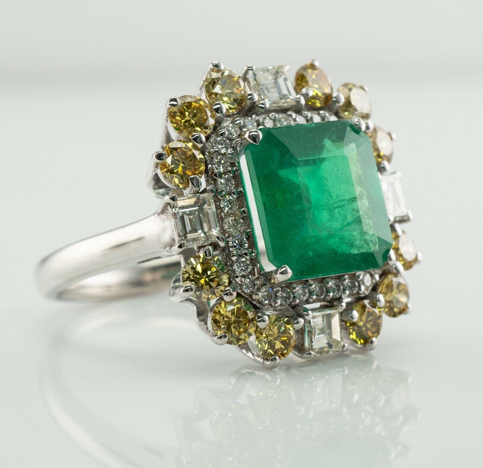 Zambian Emerald Ring White & Canary Diamonds Vintage 18K White Gold For Sale 4