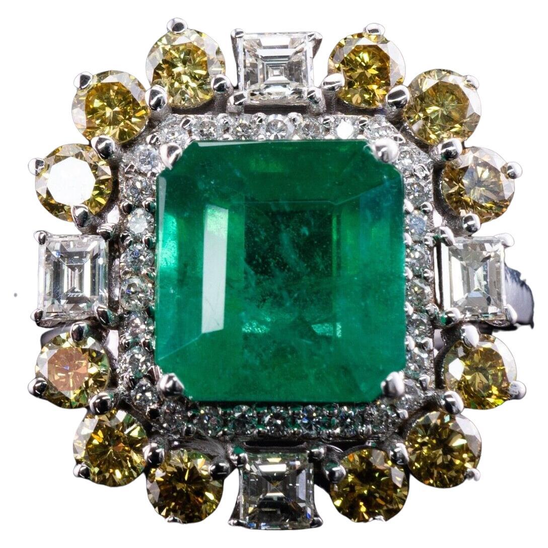 Zambian Emerald Ring White & Canary Diamonds Vintage 18K White Gold For Sale