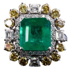 Zambian Emerald Ring White & Canary Diamonds Vintage 18K White Gold