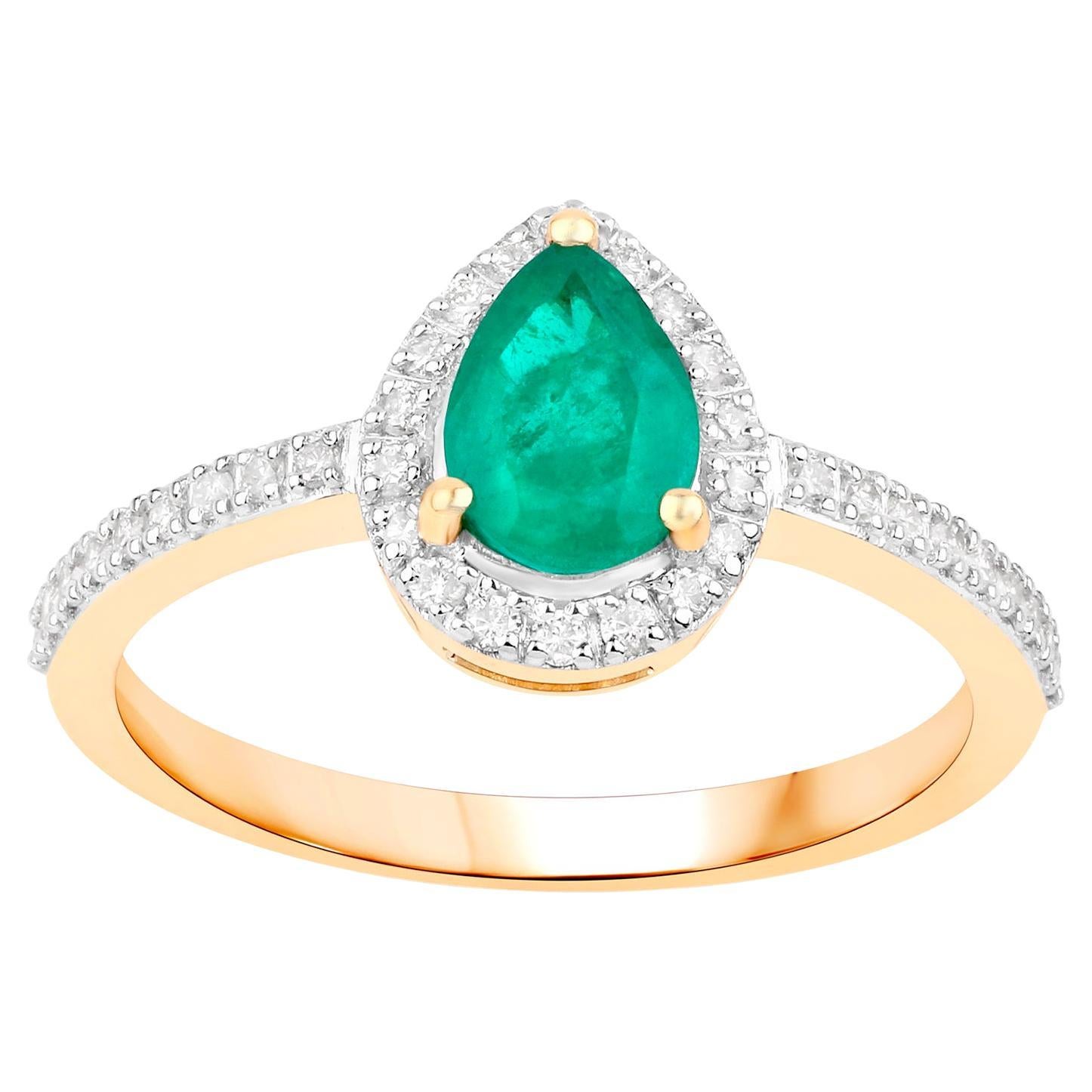 Zambian Emerald Ring With Diamonds 0.88 Carats 14K Yellow Gold For Sale