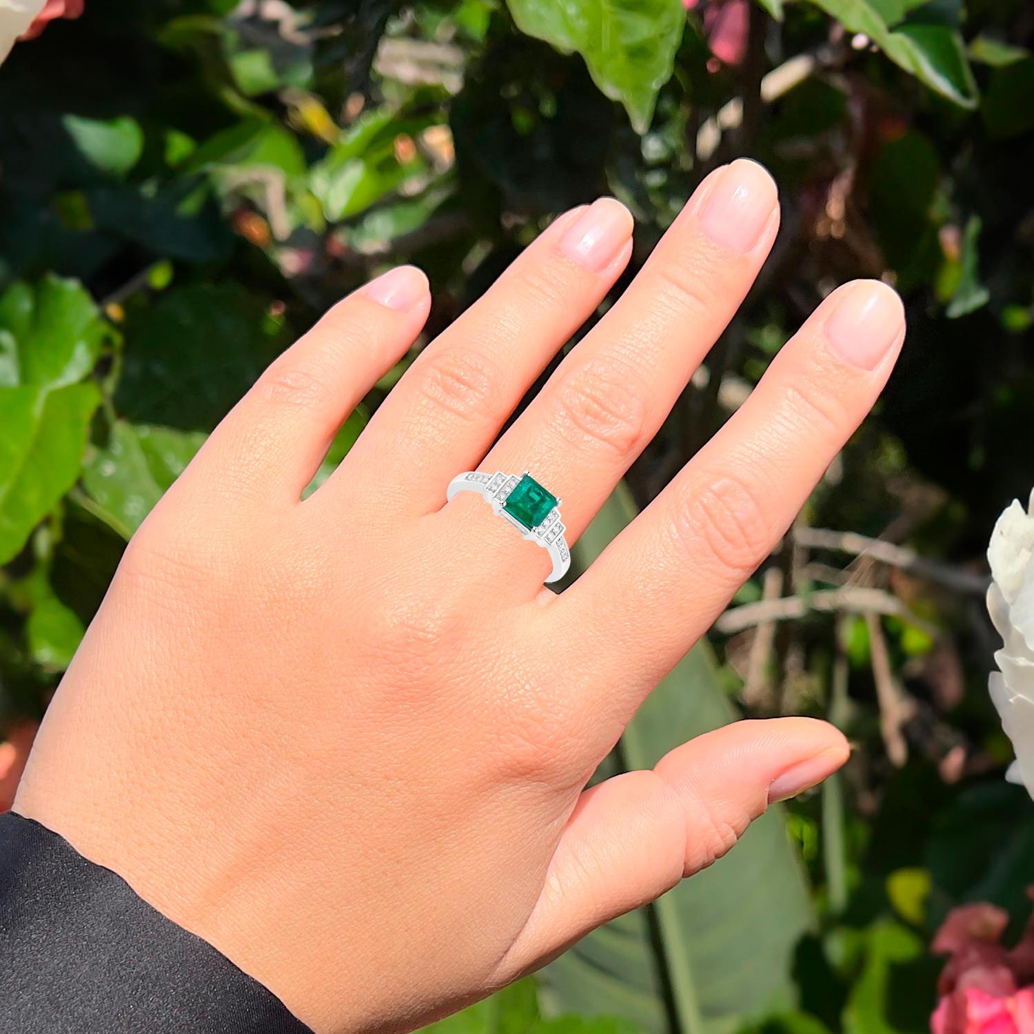 Contemporary Zambian Emerald Ring With Diamonds 1.09 Carats 14K White Gold For Sale