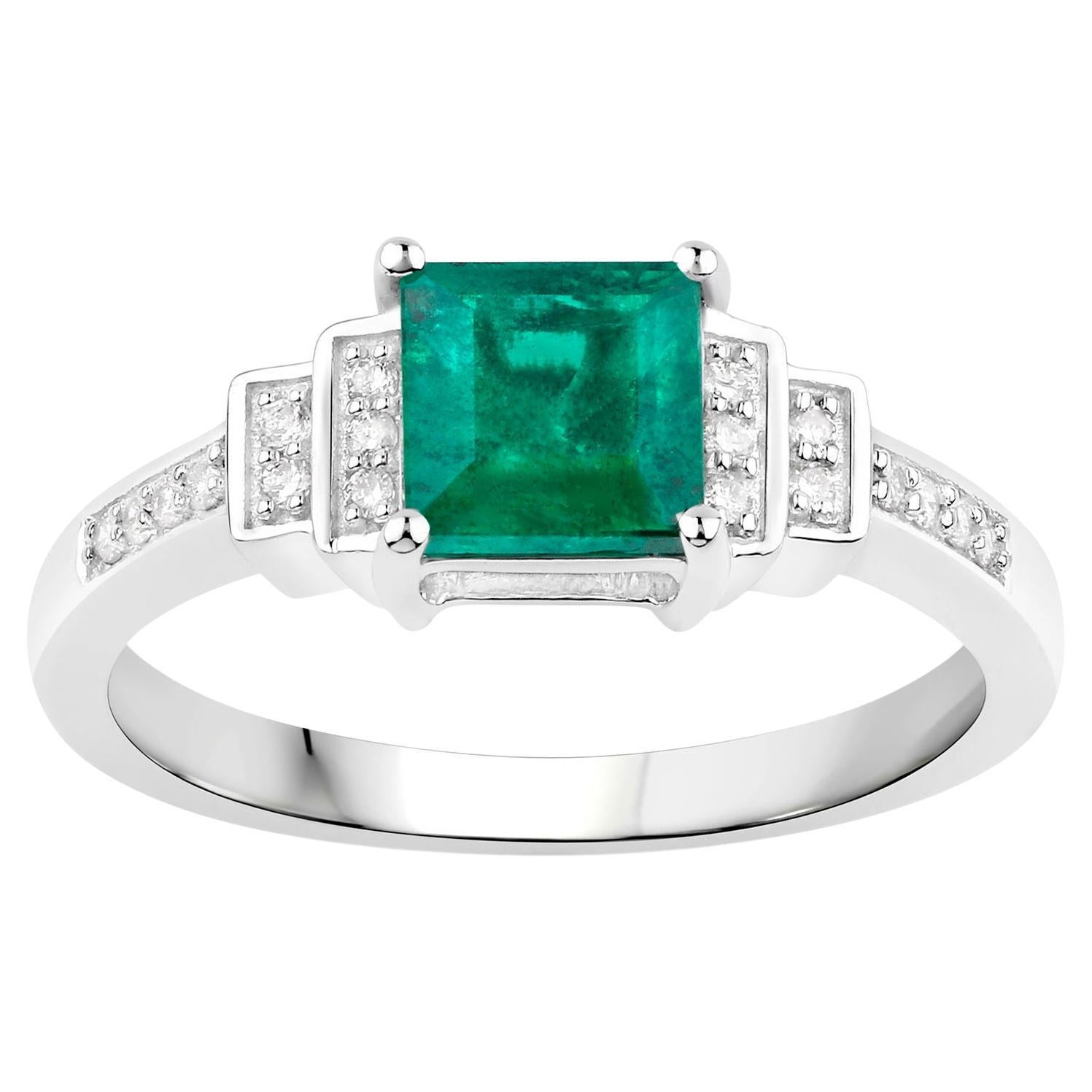 Zambian Emerald Ring With Diamonds 1.09 Carats 14K White Gold For Sale