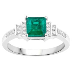 Zambian Emerald Ring With Diamonds 1.09 Carats 14K White Gold