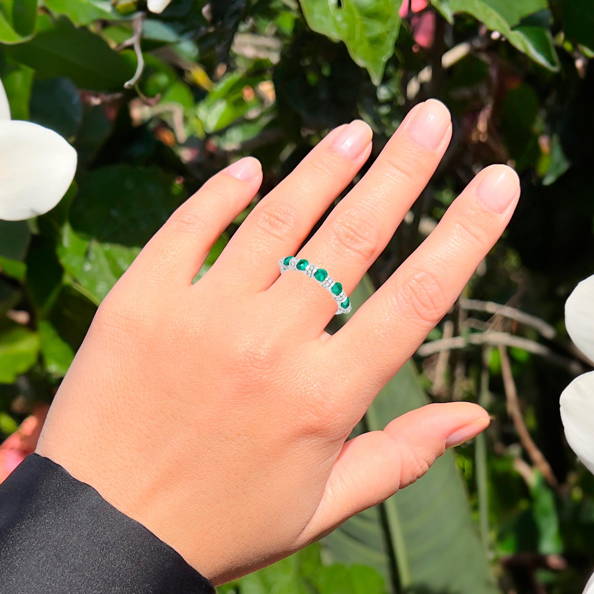 Contemporary Zambian Emerald Ring With Diamonds 14K White Gold For Sale