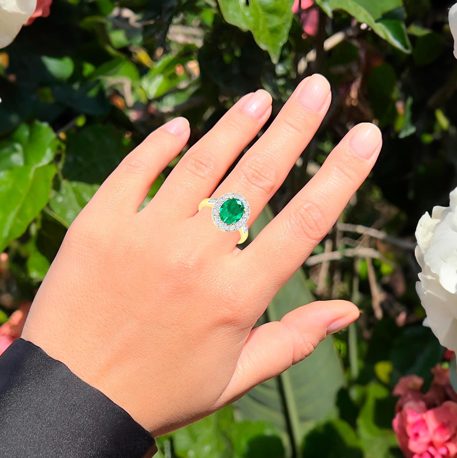 Oval Cut Zambian Emerald Ring With Diamonds 3.04 Carats 14K Yellow Gold For Sale