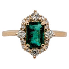 Zambian Emerald Ring with Earth Mined Diamond Halo in 14K Gold EM 7x5mm