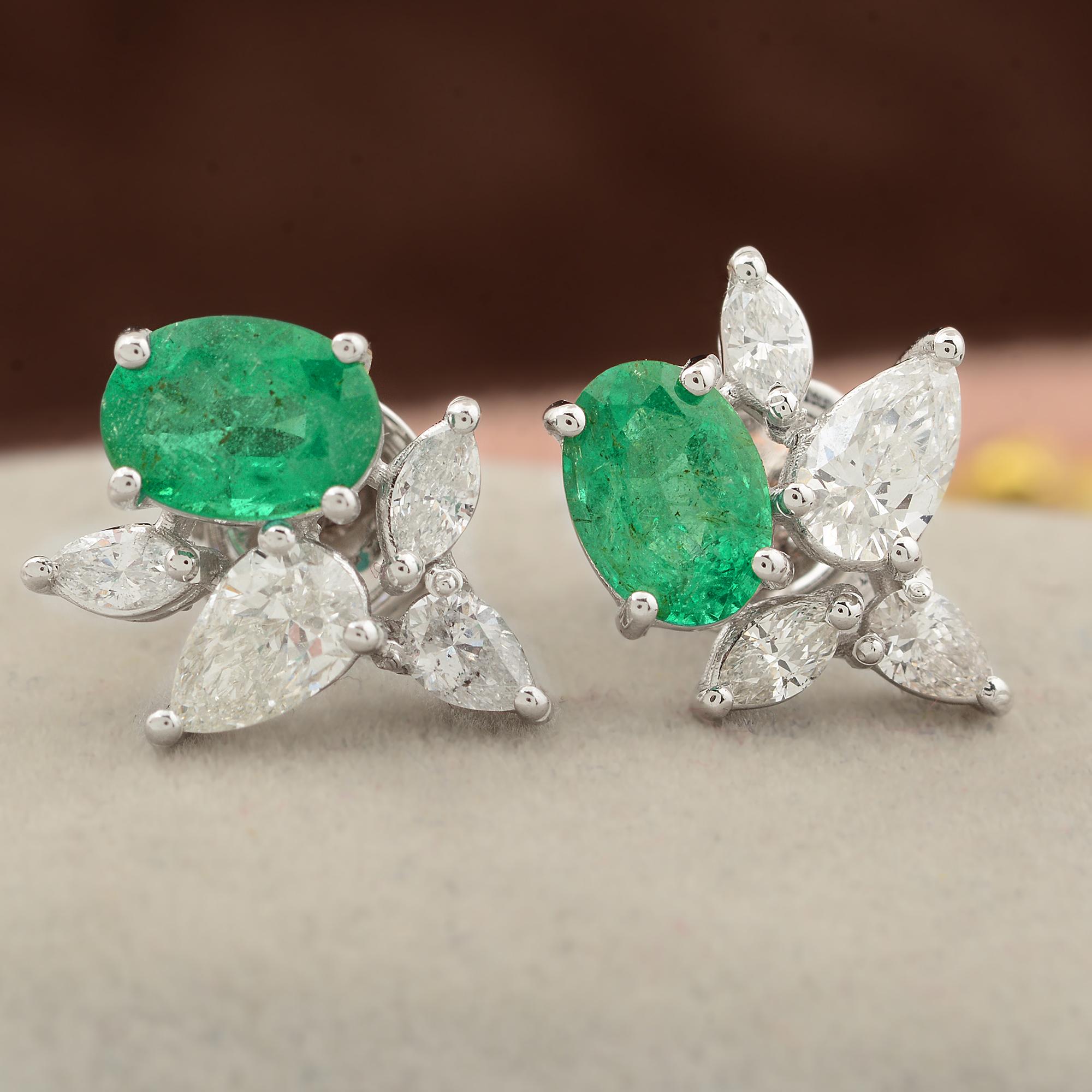 Modern Natural Emerald SI Clarity HI Color Diamond Stud Earrings 18 Karat White Gold For Sale