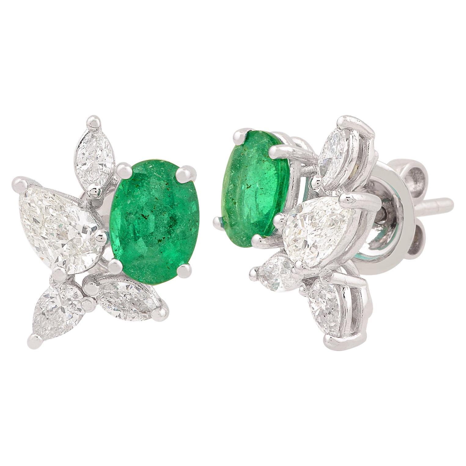 Natural Emerald SI Clarity HI Color Diamond Stud Earrings 18 Karat White Gold