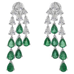 Esmeralda de Zambia SI/H Pendientes araña de diamantes Joyas de oro blanco de 18 quilates