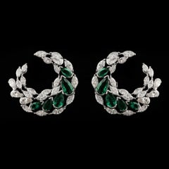 Zambian Emerald SI/H Diamond Crescent Moon Earrings 18 Karat White Gold Jewelry