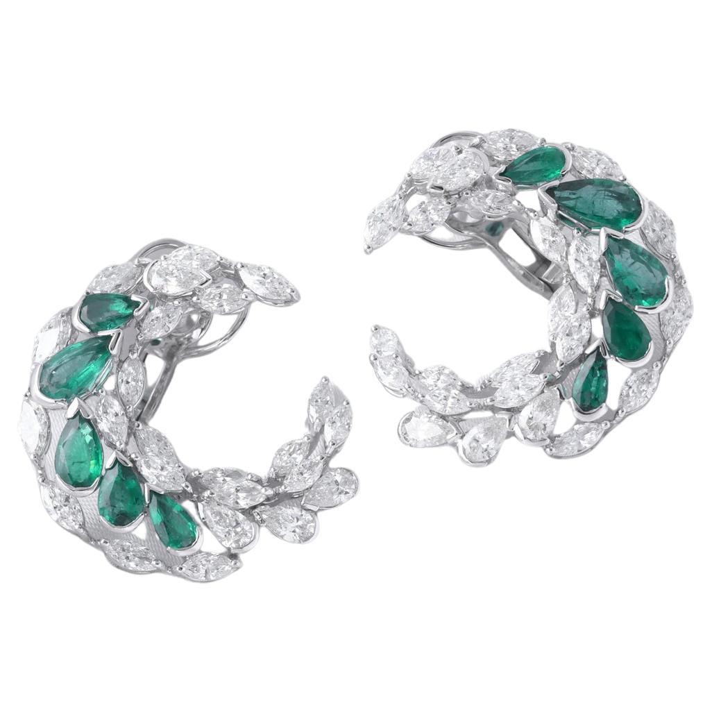 Zambian Emerald SI/H Diamond Crescent Moon Earrings 18 Karat White Gold Jewelry For Sale