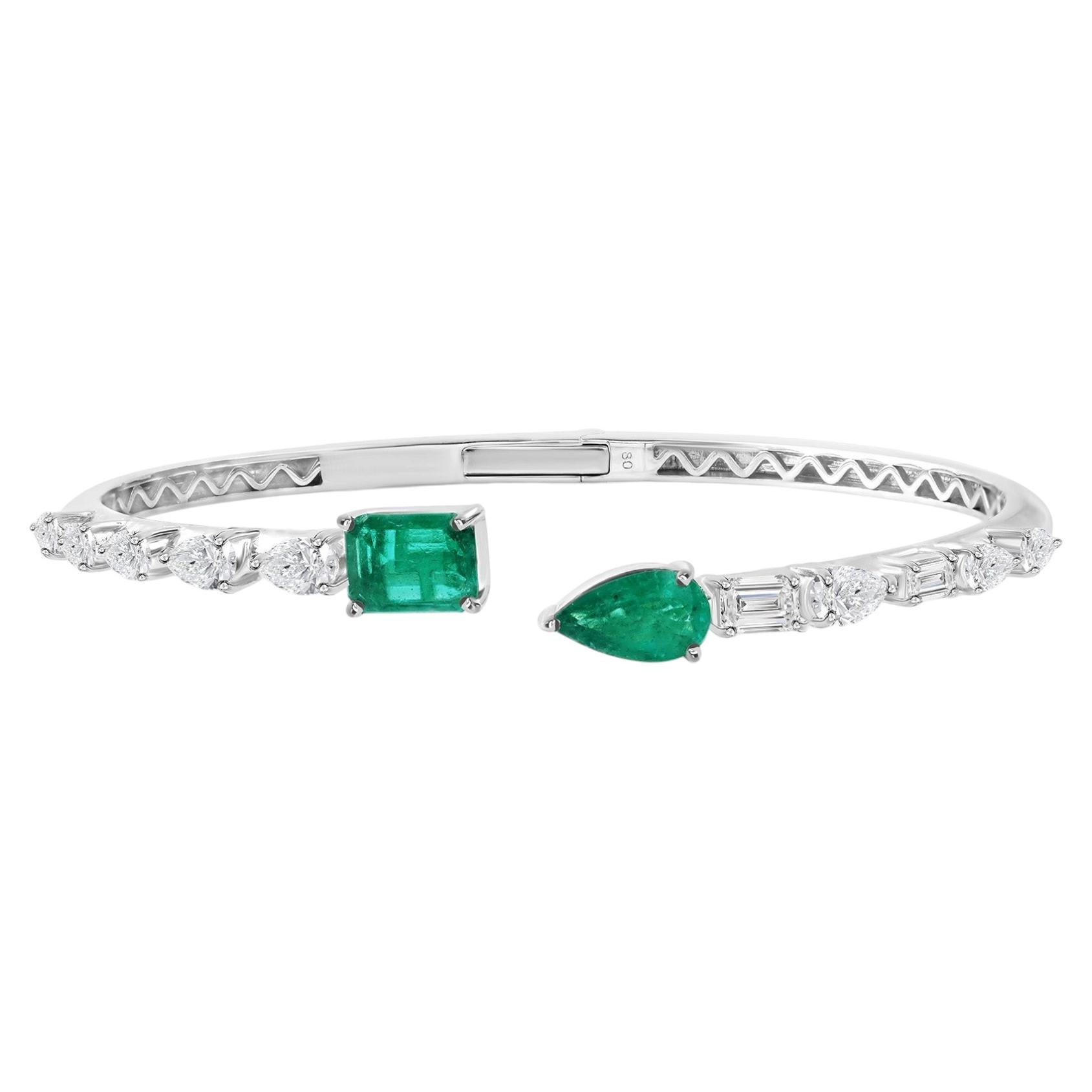 Zambian Emerald SI/H Diamond Cuff Bangle Bracelet 18 Karat White Gold