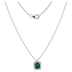 Natural Diamond Zambian Emerald Halo Pendant Necklace 18K White Gold Jewelry