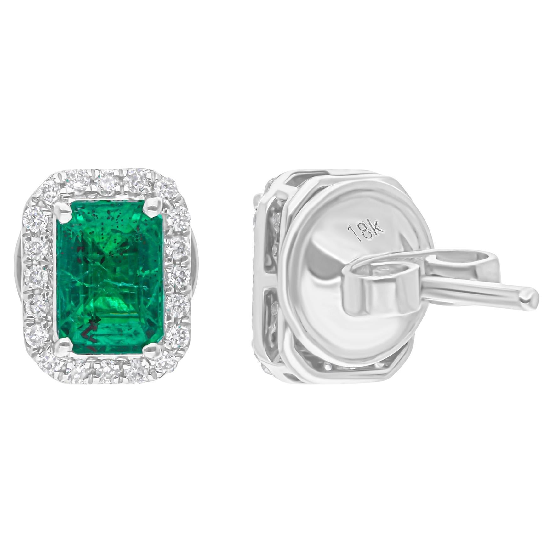 Zambian Emerald SI/H Diamond Halo Stud Earrings 18 Karat White Gold For Sale